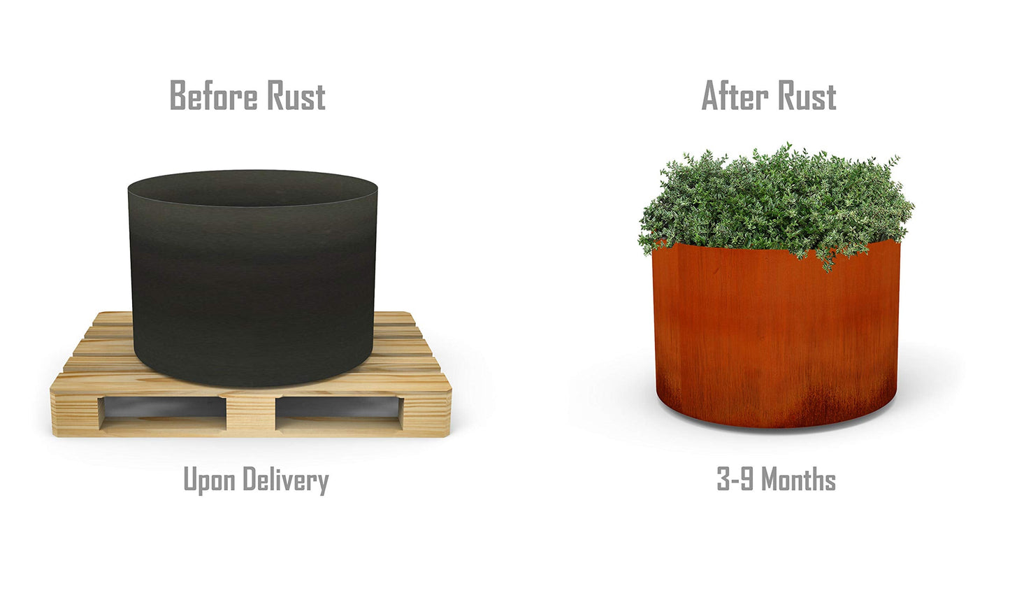 Build Your Own Corten Steel Planter – Choose Size, Bottom, Drainage | 12" to 48" Diameter | Custom Round Corten Steel Planter | Made in USA | Fully Assembled