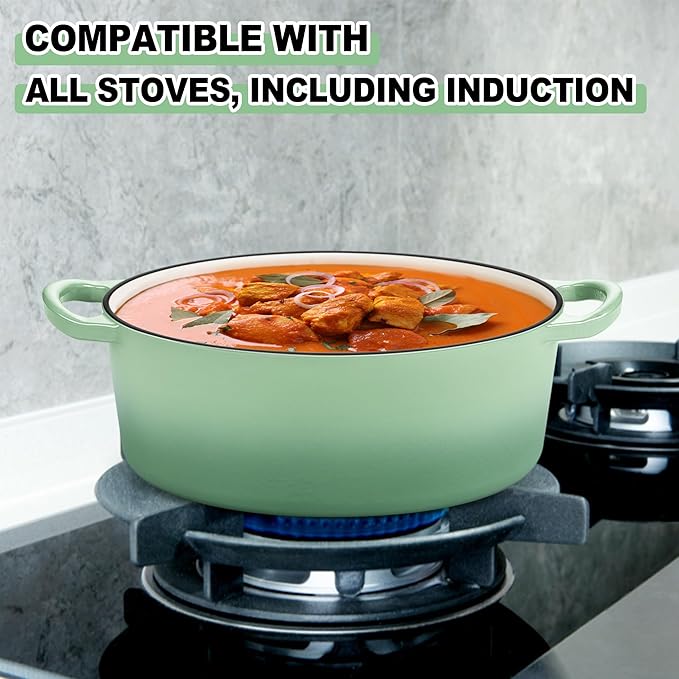 E-far 7QT Oval Dutch Oven Pot with Lid, Enameled Cast Iron Dutch Oven with Dual Handles, Heavy-Duty Cookware for Sourdough Bread Baking, Braising, Stews, Oven Safe & Easy Clean, Green