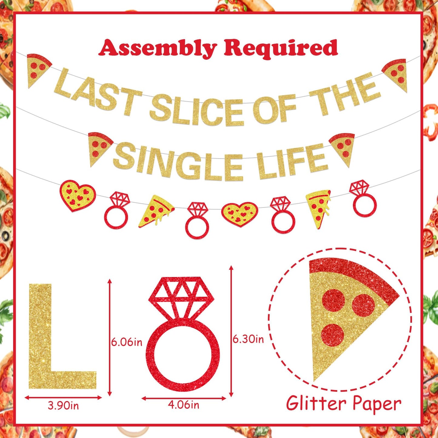 Pizza Bridal Shower Decorations Golden Glitter Last Slice of The Single Life Banner Cake Topper Italian Themed Garland Cupcake Toppers Latex Balloons Kit for Bridal Shower Bachelorette Party Supplies