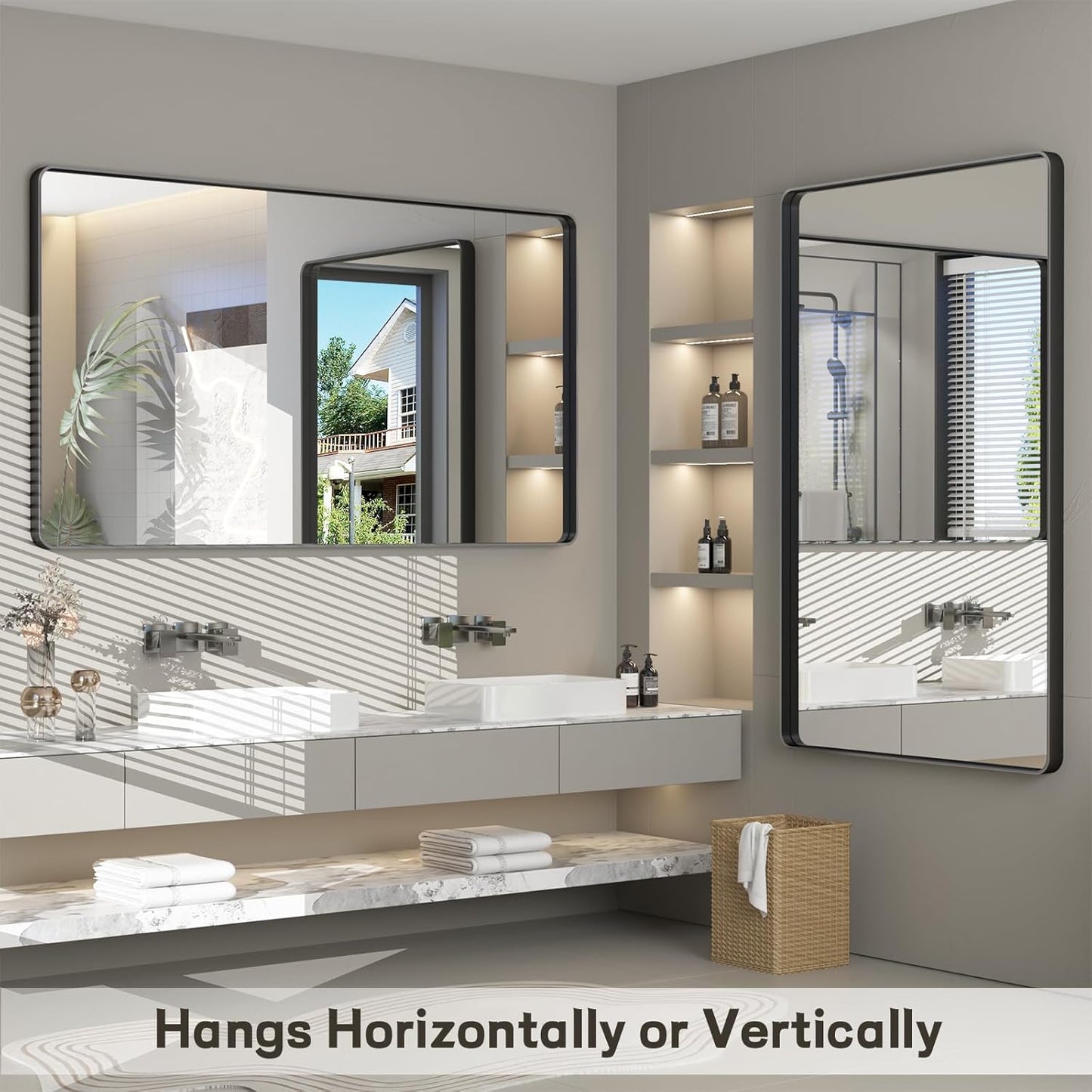 72x36 Inch Black Framed Bathroom Mirror for Wall, Large Matte Metal Framed Wall Mirror, Rounded Rectangle Vanity Mirror, Tempered Glass, Anti-Rust, Shatterproof (Horizontal/Vertical)
