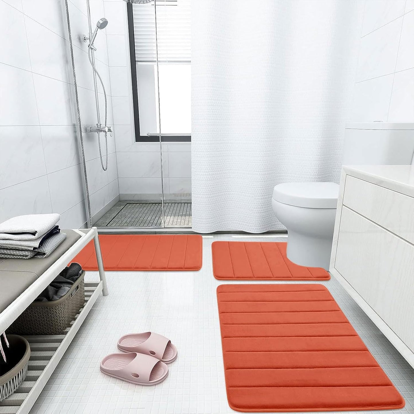 Buganda Memory Foam Bath Mat, 47" x 17", Ultra Soft and Non-Slip Bathroom Rugs, Water Absorbent and Machine Washable Bath Rug Runner for Bathroom, Shower, and Tub, Coral