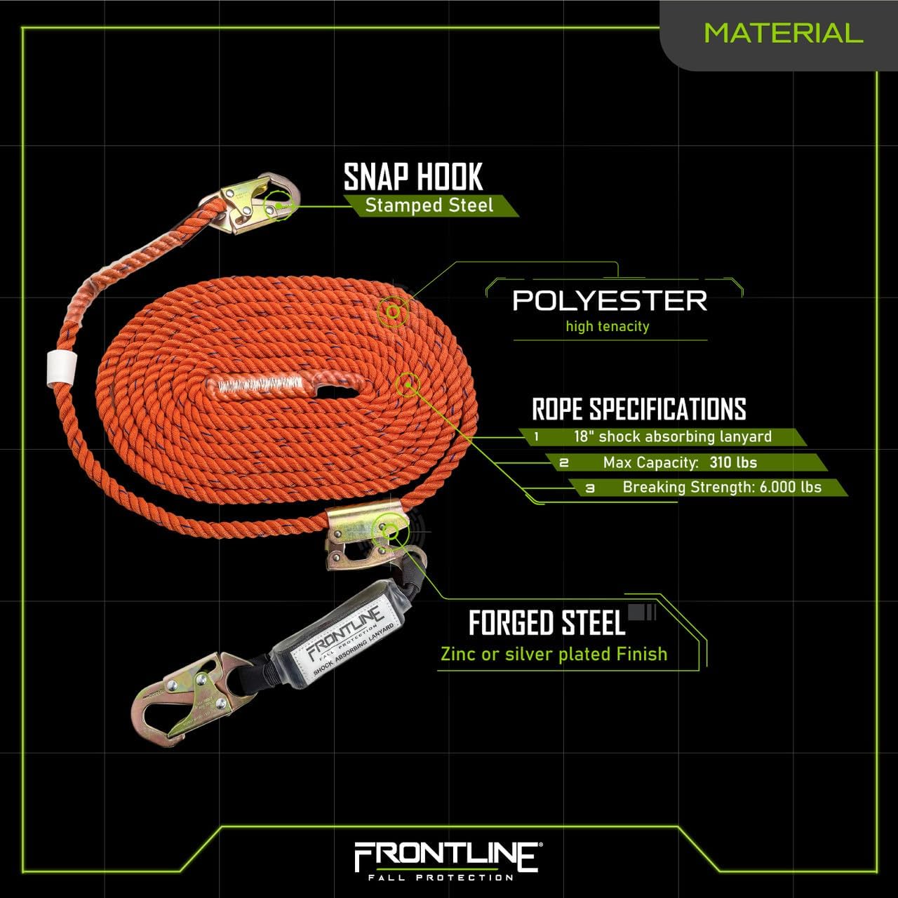 Frontline VLP100R3L Premium Vertical Lifeline with Openable Rope Grab 100' and Shock Pack | High Tenacity Polyester Material | Double Locking Closing Mechanism | OSHA & ANSI Compliant