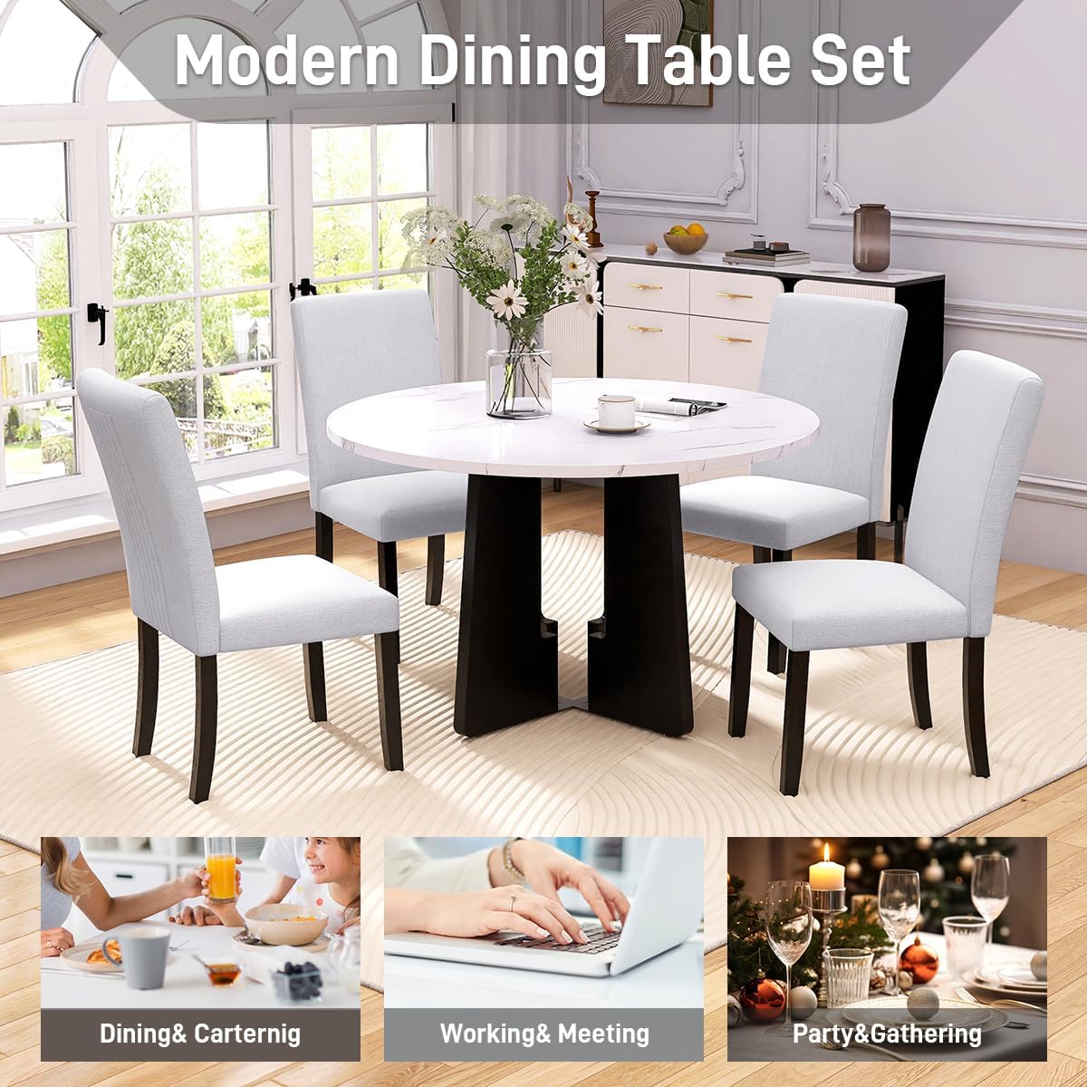 Merax 5-Piece Round Dining Table Set, Modern 4 Upholstered Chairs for Living,Kitchen Room, 43 Inch, Beige+White