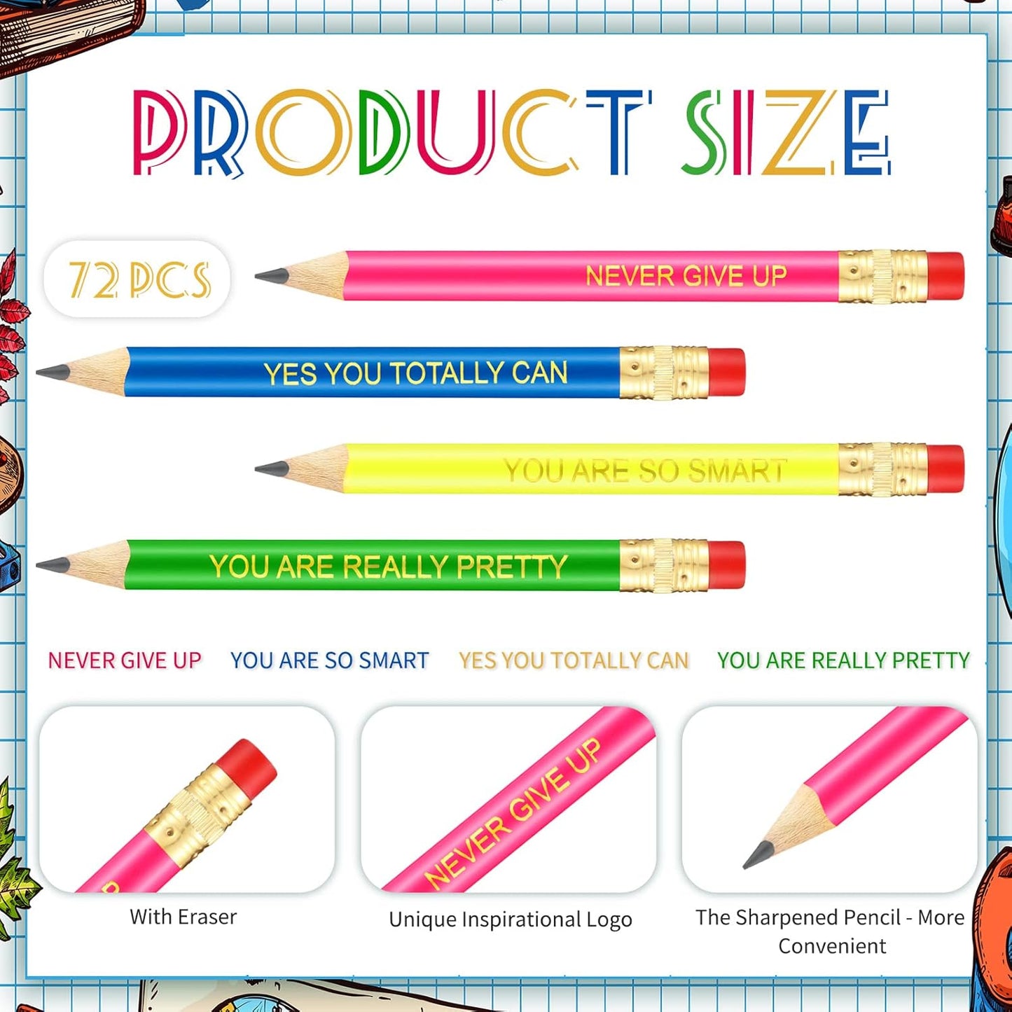 Tinlade 72 Pcs Inspirational Golf Pencils with Erasers for Kids Bulk Presharpened Neon Mini Quotes Half Pencils Back to School Students Gifts from Teacher for School Office Graduation Supplies