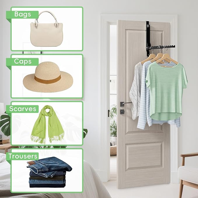 Over The Door Hooks, Extended Over The Door Clothes Hanger with 11 Ridges,Space-Saving Over The Door Rack,Door Hooks for Hanging Clothes,Larger Capacity Over The Door Hanger (2, Black(Update))