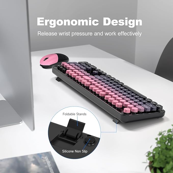 Wireless Keyboard and Mouse Combo, Retro Typewriter Keyboard with Round Keycaps, Full-Size Ergonomic, Ideal for Windows PC, Home, Office, College