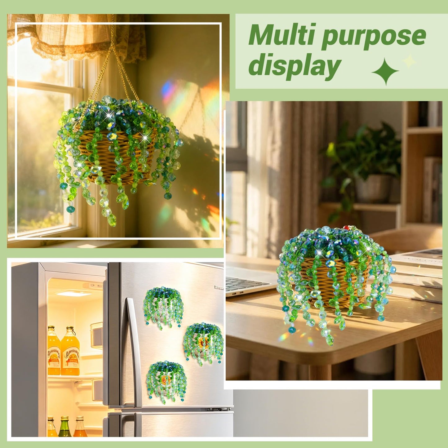 Wurosi 853 PCS Green Beaded Plant Kit with Rattan Basket, Green Beads for Beaded Plants with Hanging Chain and Video Manual, Forever Plant Beaded Making Kit for Jewelry Making and DIY Crafts