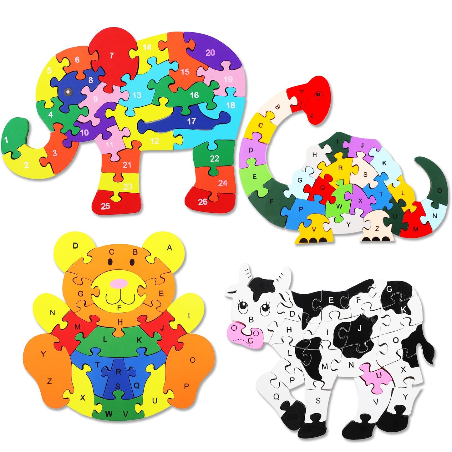 Yunsailing 4 Pcs Alphabet Jigsaw Puzzle Wooden Blocks Toys Alphabet Educational Toddler Puzzle Toys for Preschool Learning Party Favor Gift Learning(Elephant, Bear, Dinosaur, Cow)