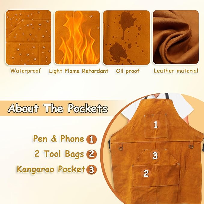 Urby Big and Tall Plus Size Work Apron: Flame Resistant Leather Welding Apron, Wood and Workshop Canvas. Butcher Rubber.