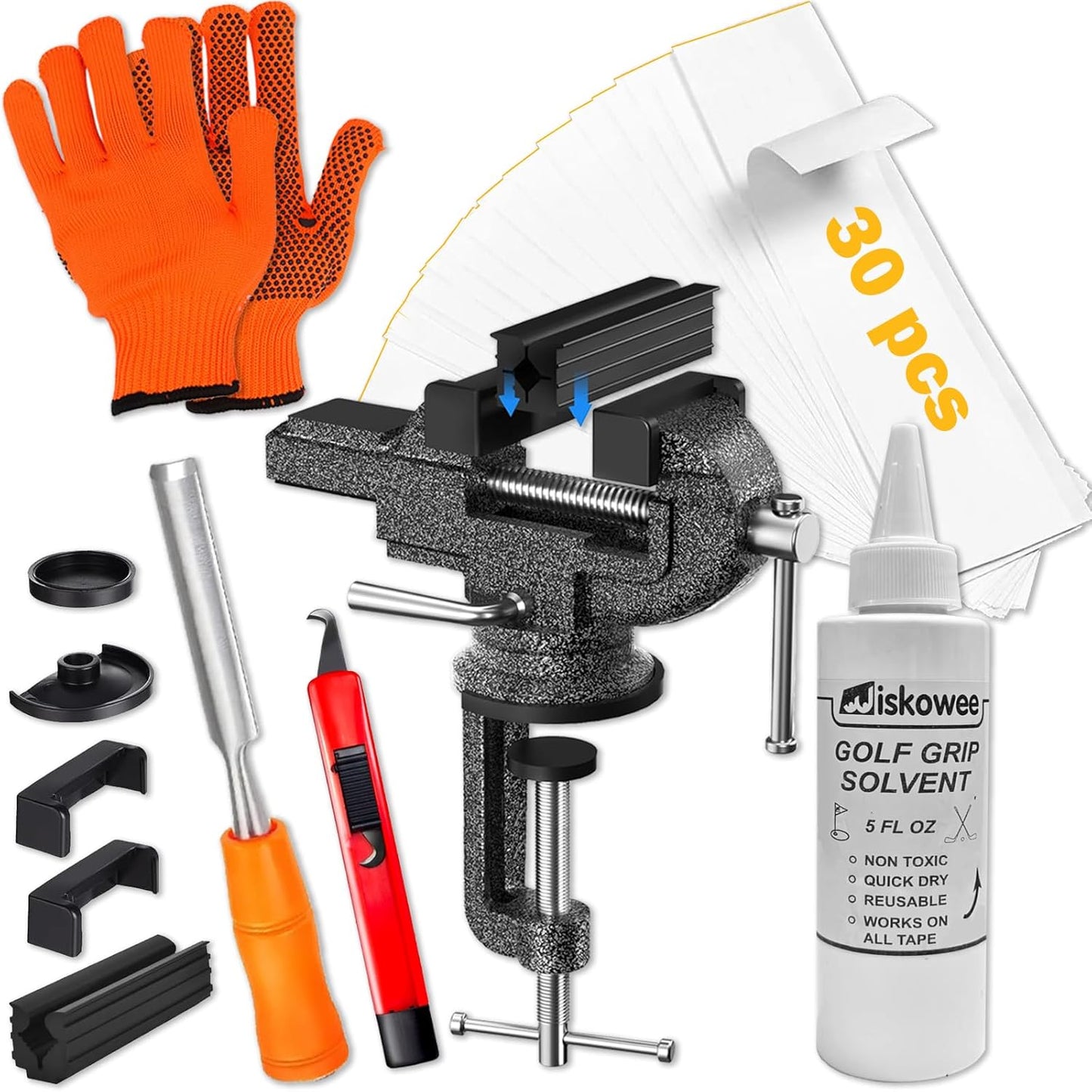 Golf Club Grip Vise Clamp Kit, 360° Swivel Portable Table Vise, Golf Club Calibration Tool, Club Grip Replacement Tool, Suitable for Golf Club Grips (with Solvent)