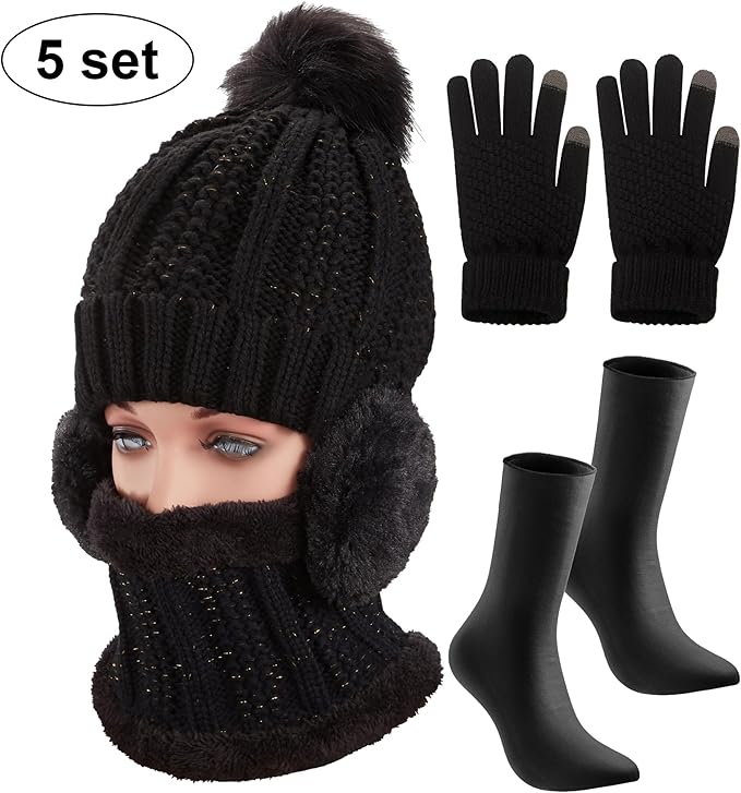 SATINIOR 5 Pcs Winter Hat Scarf Gloves Set Fleece Warm Lined Knit Beanie Hat Touch Screen Earmuff Gloves Warmer for Women(Black,Classic Style)
