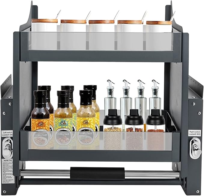 Pull Down Shelf Organizer,Upper Kitchen Wall Cabinet Storage with 3 Adjustable Load,Spice Rack Organizer(24inch Cabinet),Dual Tier Wall Mounted Pantry Storage