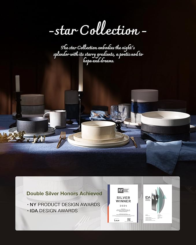 Famiware Star Dinnerware Set with Pasta Bowls, Service for 6 (24 Pieces), Ribbed Stoneware Plates and Double Bowls Sets with Trim - Chip & Scratch Resistant, Microwave & Dishwasher Safe Dishes, White