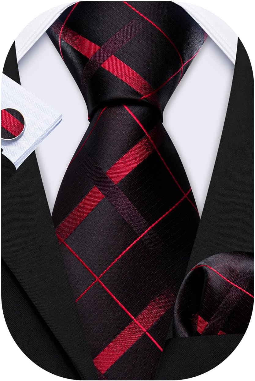 Barry.Wang Designer Classic Ties for Men Set Formal Pocket Square Cufflink Check Plaid