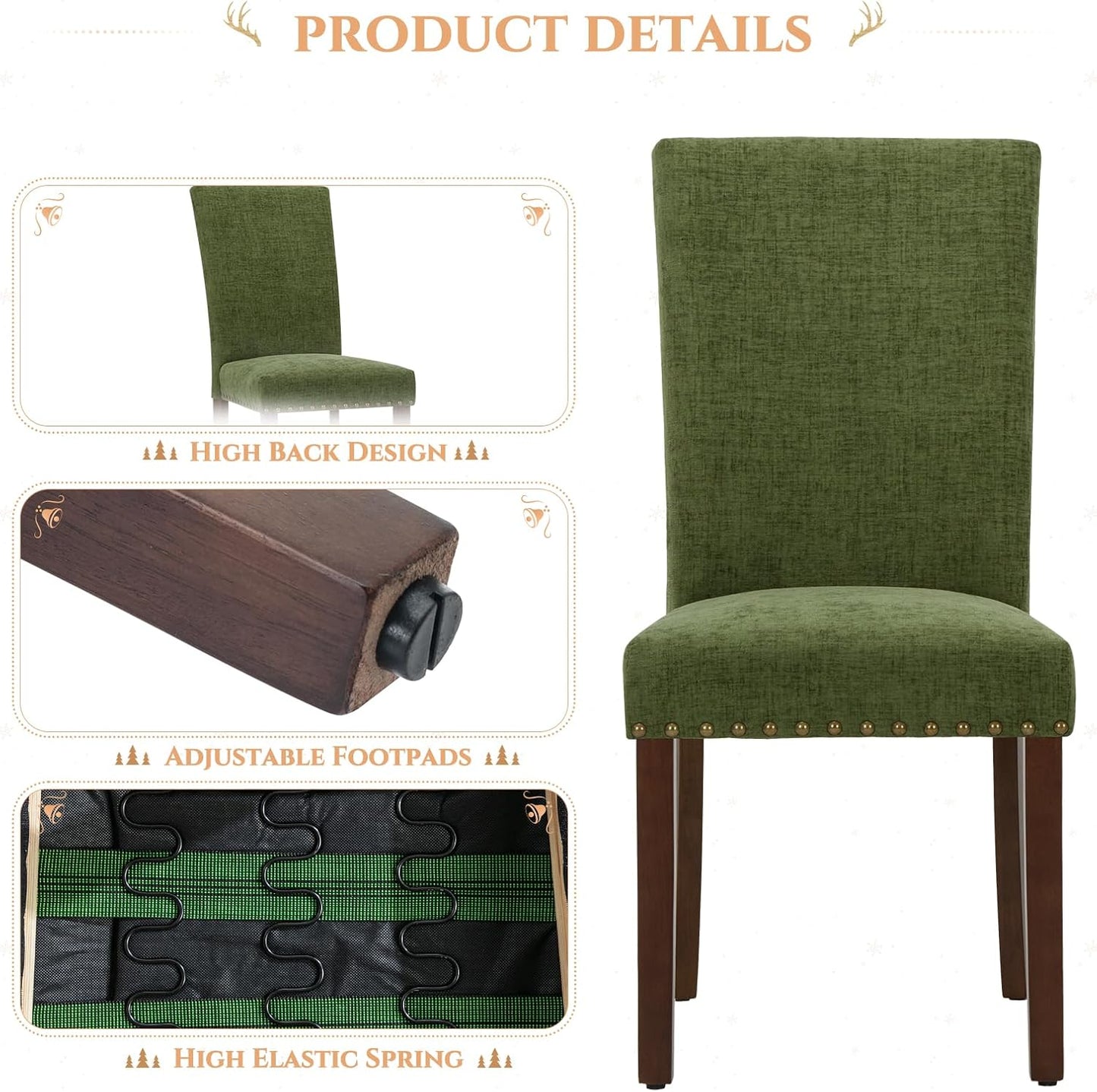 Parsons Dining Chairs Set of 4, Upholstered Nailhead Dining Room Kitchen Side Chair with Thick Cushions and Wood Legs, Green