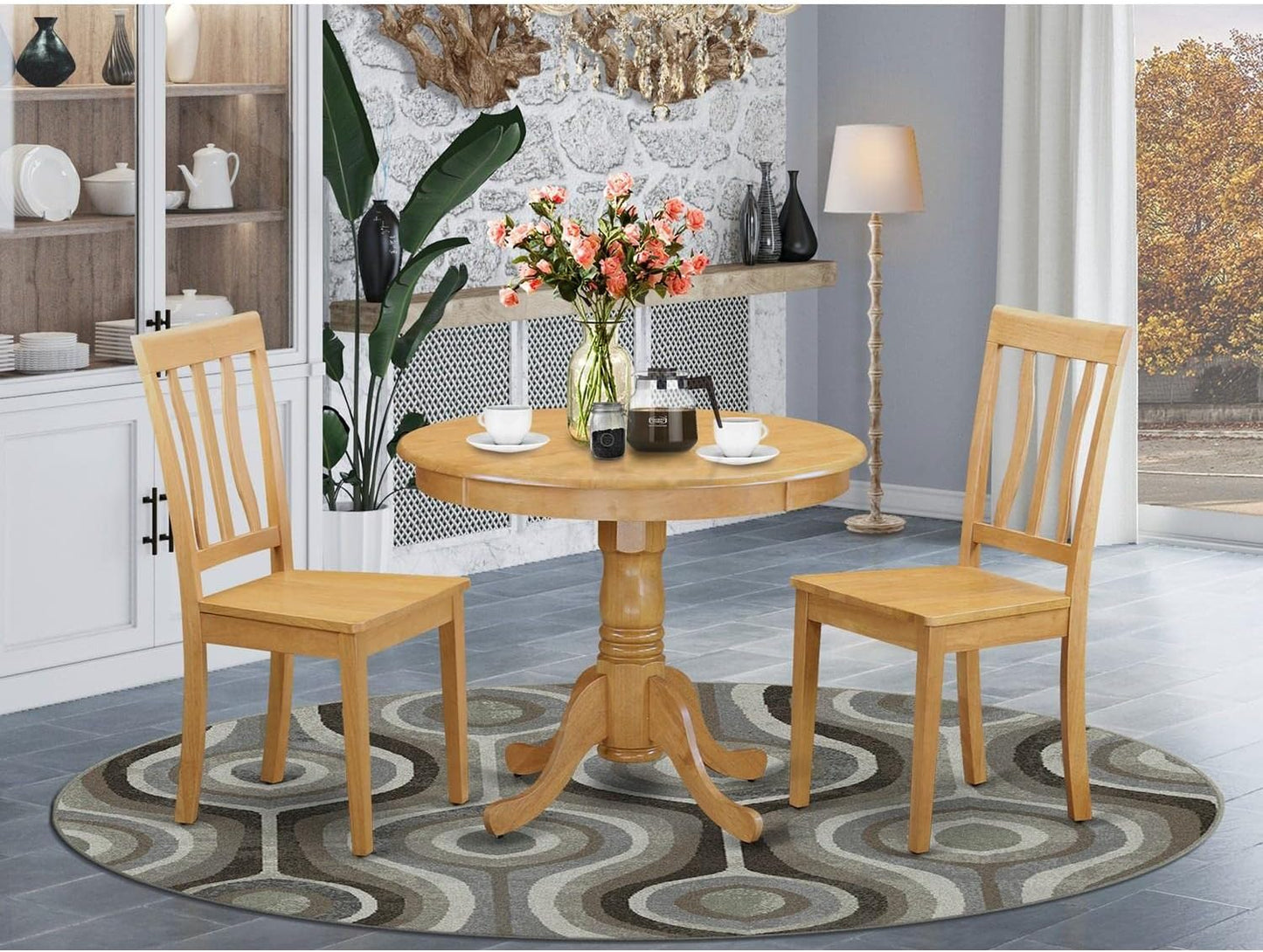East West Furniture ANTI3-OAK-W 3 Piece Dining Set Contains a Round Kitchen Table with Pedestal and 2 Dining Room Chairs, 36x36 Inch, Oak