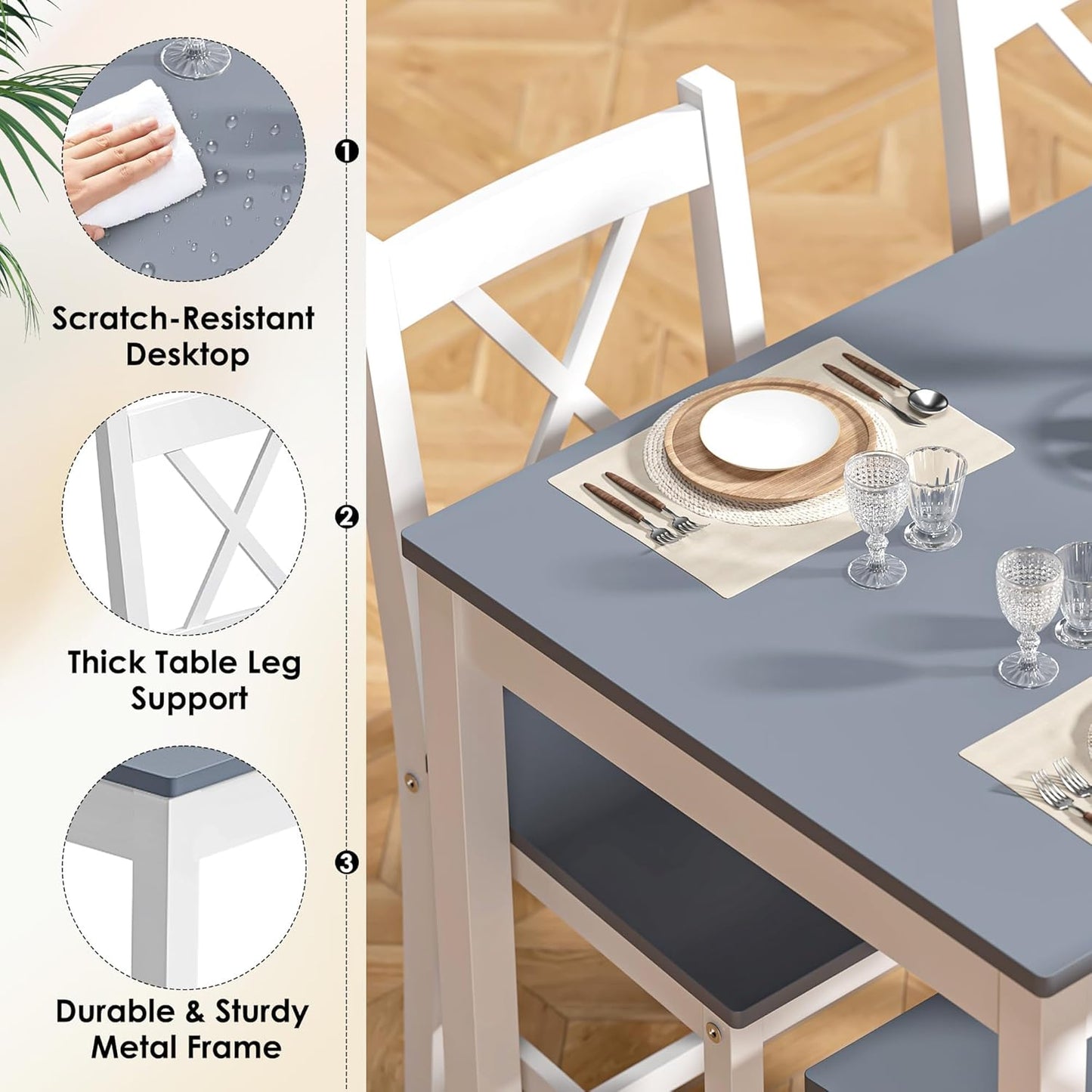 SogesPower Dining Table Set for 4, Wood Rectangular Kitchen Dining Table Set with 4 Chairs, 5-Piece Space-Saving Kitchen Table Set for Dining Room Small Space, Grey+White 43"