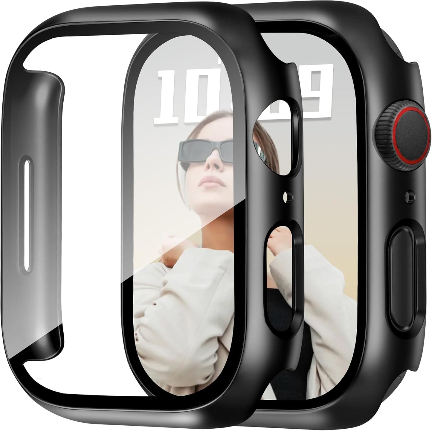 JR.DM 41mm 2 Pack Hard PC Case with HD Tempered Glass Screen Protector for Apple Watch Series 9/8/7, Slim Guard Bumper Full Coverage Protective Anti-Scratch Face Cover for iWatch, Black+ Black