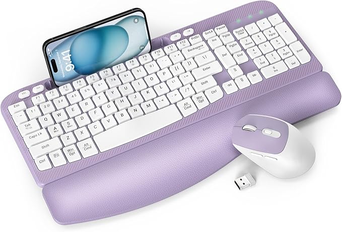 Wireless Keyboard and Mouse Combo, Wave Keys Full-Sized Ergonomic Keyboard with Cushioned Plam Rest, Phone Holder, Comfortable Natural Typing, 2.4G Cordless Set for Computer, Laptop, Pc, Mac, Windows