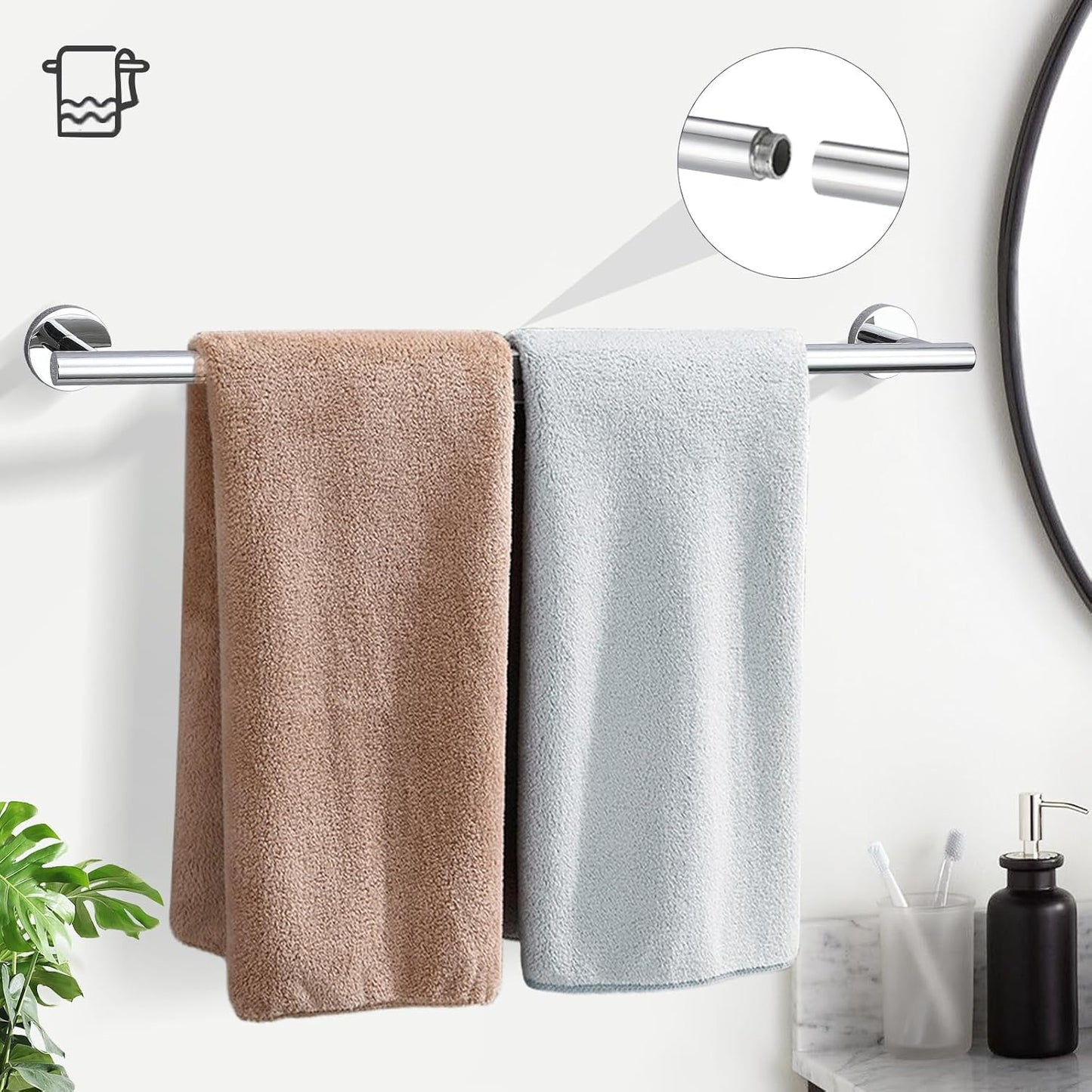 TURS Chrome 5 Piece Bathroom Hardware Set, SUS304 Stainless Steel 24 Inch Bath Towel Bar Set, Round Bathroom Accessories Kit Wall Mounted