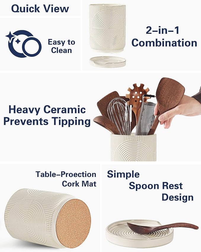 Utensil Holder, 7.2" Kitchen Utensil Holder for Counter, 2-in-1 Ceramic Cooking Utensils Holders with Spoon Rest, Utensil Crock for Spatula, Ideal Housewarming Gift (Beige)