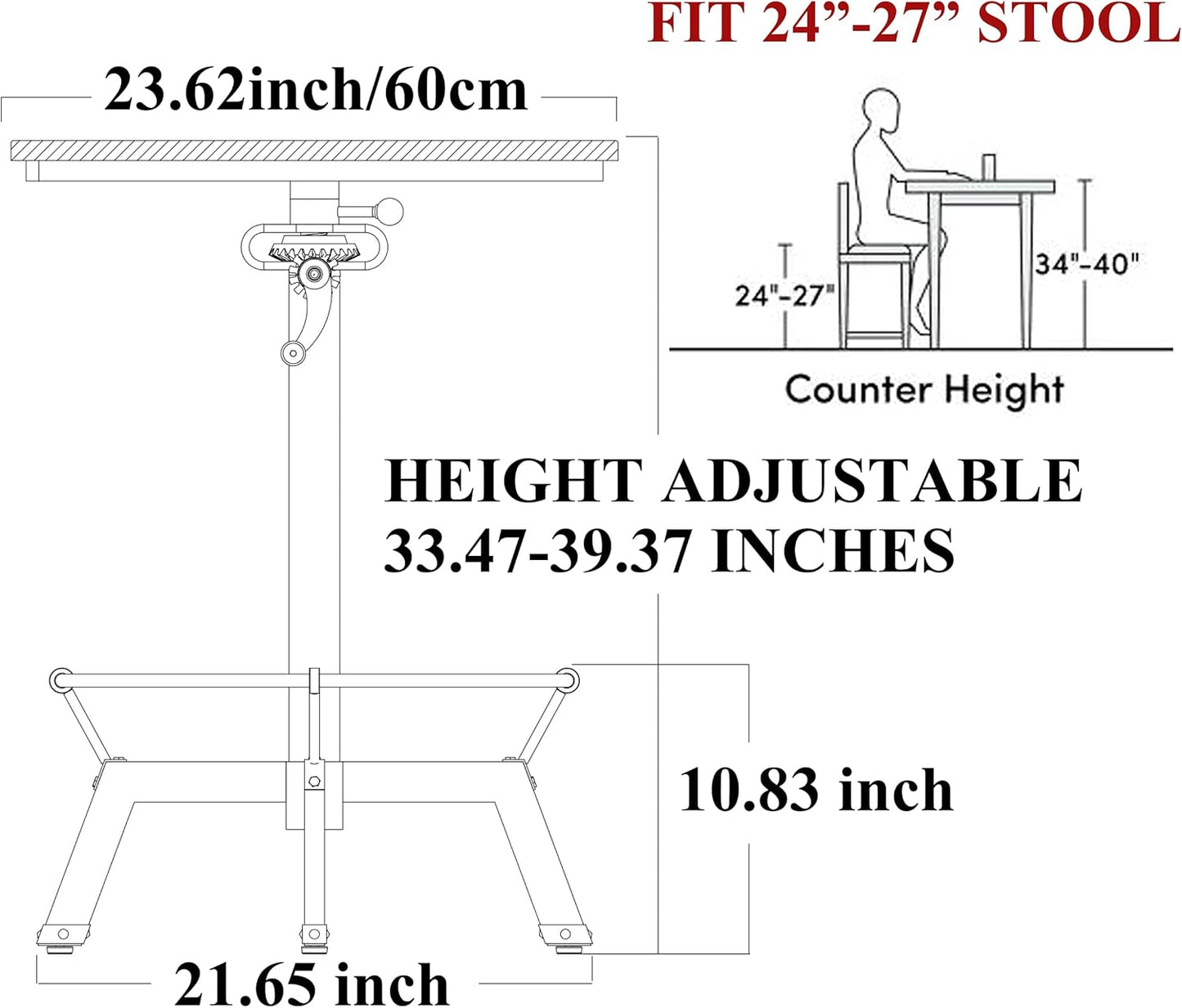 LOKKHAN 33.5-39.4 Inch Tall Industrial Bar Table-Adjustable Bar Height Bistro Whiskey Pub Table-23.7" Dia Swivel Round Wood Top Metal Base-Easily Adjusts by Crank Handle