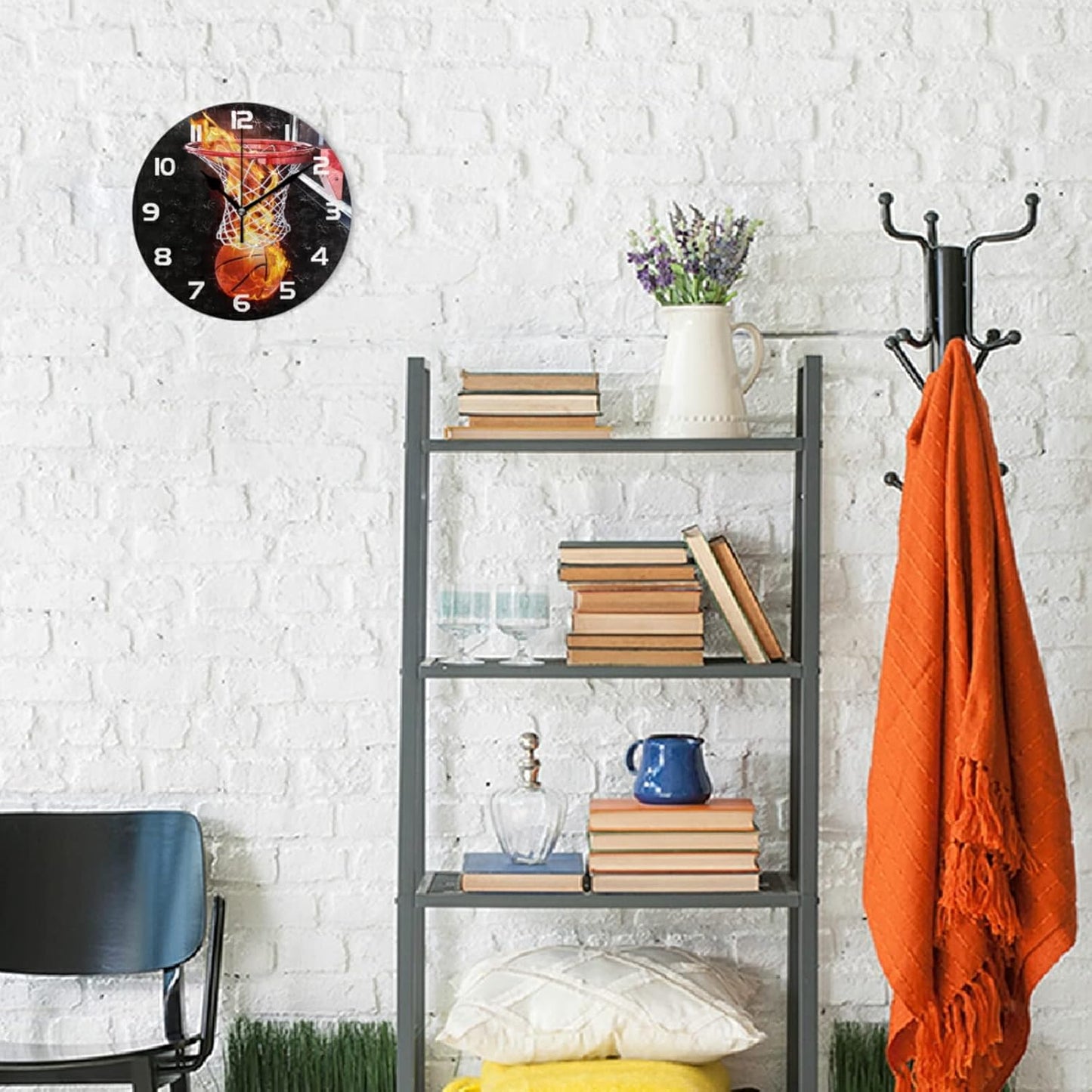 Flaming Basketball Wall Clock Silent Non-Ticking,Sport Theme 9.5 Inch Round Wall Clock Battery Operated Clock Decor for Boys Room Home Wall Bathroom Kitchen Bedroom Living Room Office Classroom Patio