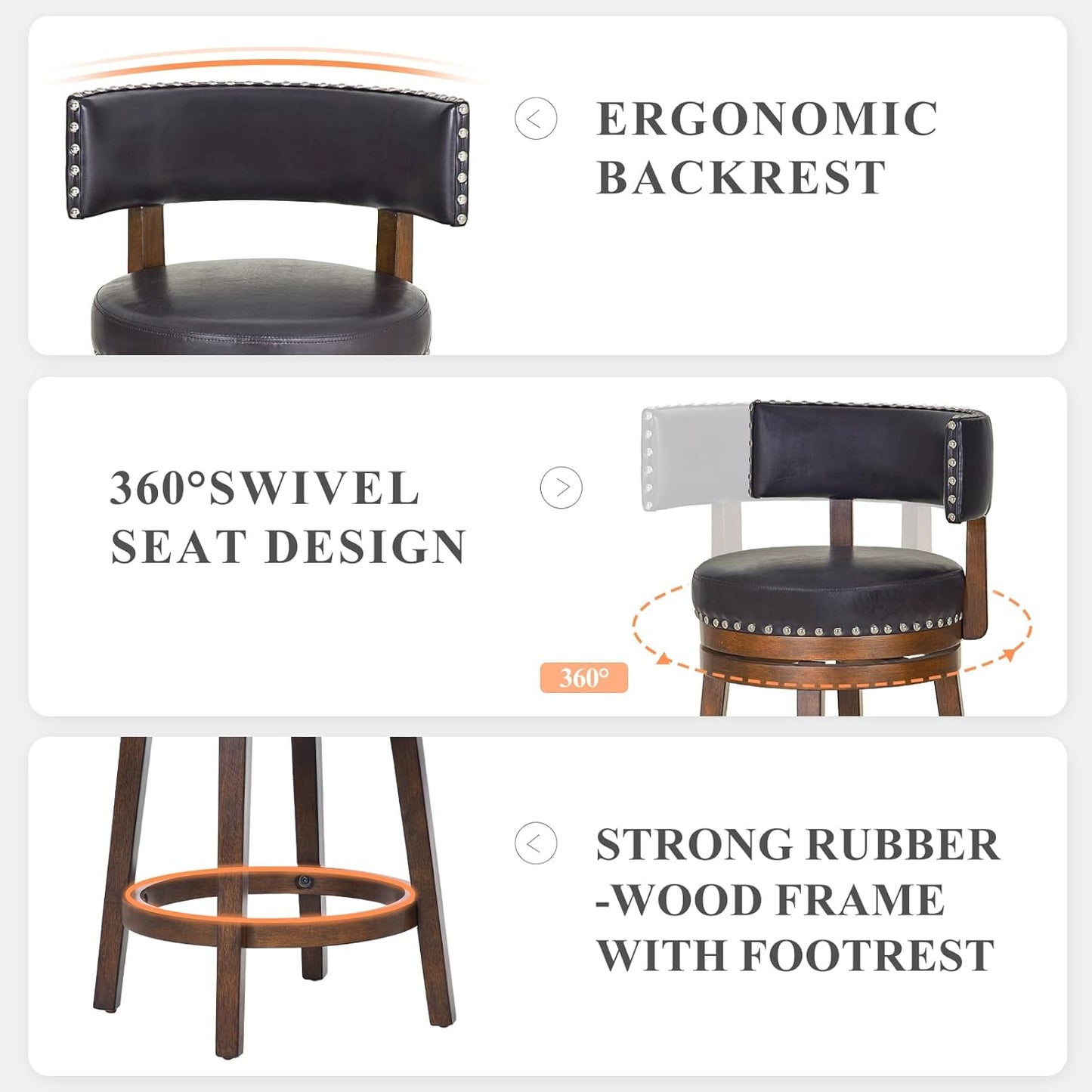 COLAMY Swivel Bar Stool, Modern Swivel Barstool with Back, Counter Height Bar Stools, 25 Inch Upholstered Wood Barstool for Kitchen Island Dining Room Bar, Dark Brown