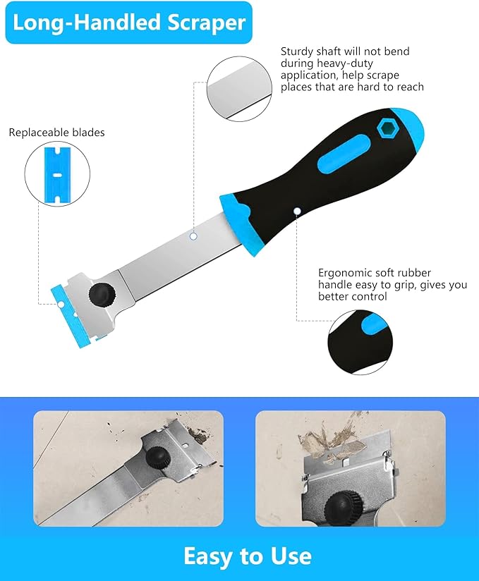 Razor Blade Scraper, Long Handle Scraper Tool with 10 Plastic and 10 Metal Blades - Ideal for Removing Labels, Stickers, Appliance Grease, and More from Windshields, Tint, and Glass (Blue)