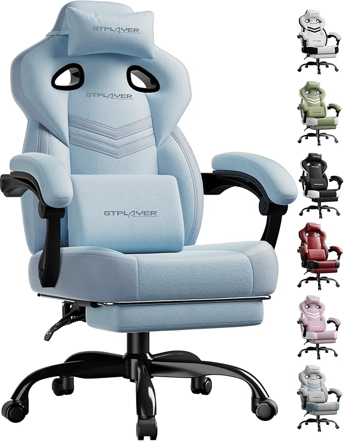 GTPLAYER Gaming Chair, Computer Chair with Footrest and Lumbar Support for Adults, 360°-Swivel Big & Tall Reclining Seat for Office or Gaming (Blue)