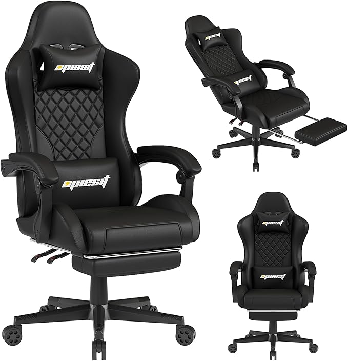 Gaming Chair,Ergonomic Computer Chairs for Adults with Footrest, PU Leather Office Chair with Adjustable Lumbar Support & Pocket Spring Cushion - Heavy Duty 400lb Capacity Gamer Chair(Black)