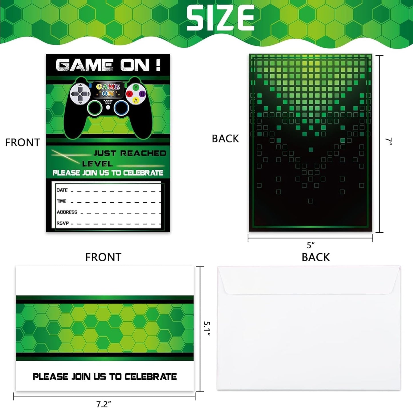 WERNNSAI 20 Set Video Game Birthday Party Invitation with Envelopes-Green Game Party Invites for Boys Gaming Theme Party Supplies Double-Sided Printed Invitation Cards for Baby Shower Celebration