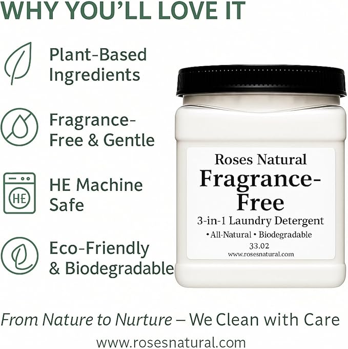 Fragrance Free 3-in-1 Laundry Powder Detergent – Plant-Based, Hypoallergenic, No Added Fragrance or Dyes, Safe for Sensitive Skin, Biodegradable & HE Machine Safe, 32 oz