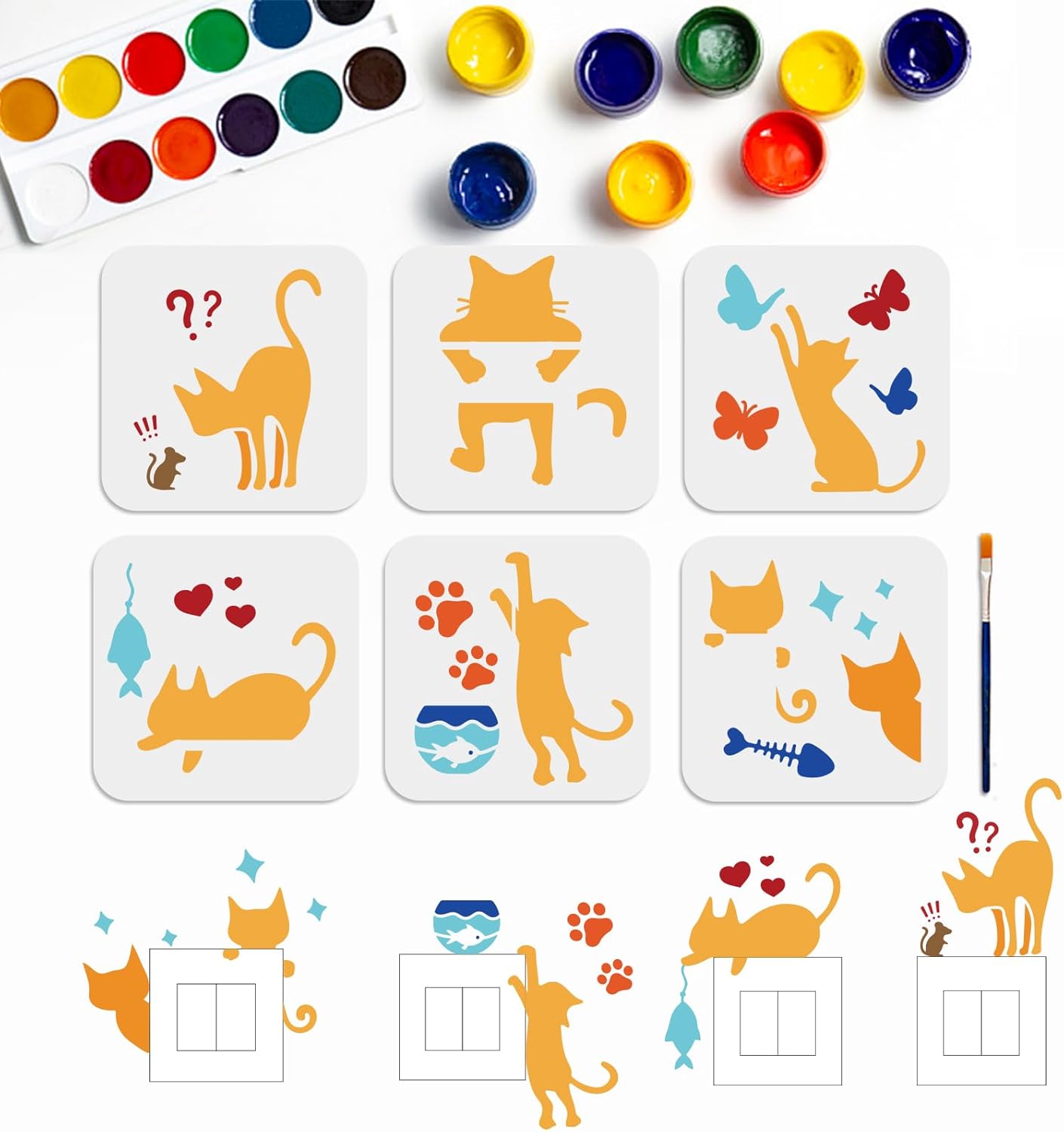 MAYJOYDIY 6pcs Cat Playing Stencils - 66inch Mice Fish Butterfly Drawing Painting Stencil with Paint Brush - Reusable Cute Cat Paw Templates for Wall Window Home Decor DIY Crafts Ornaments