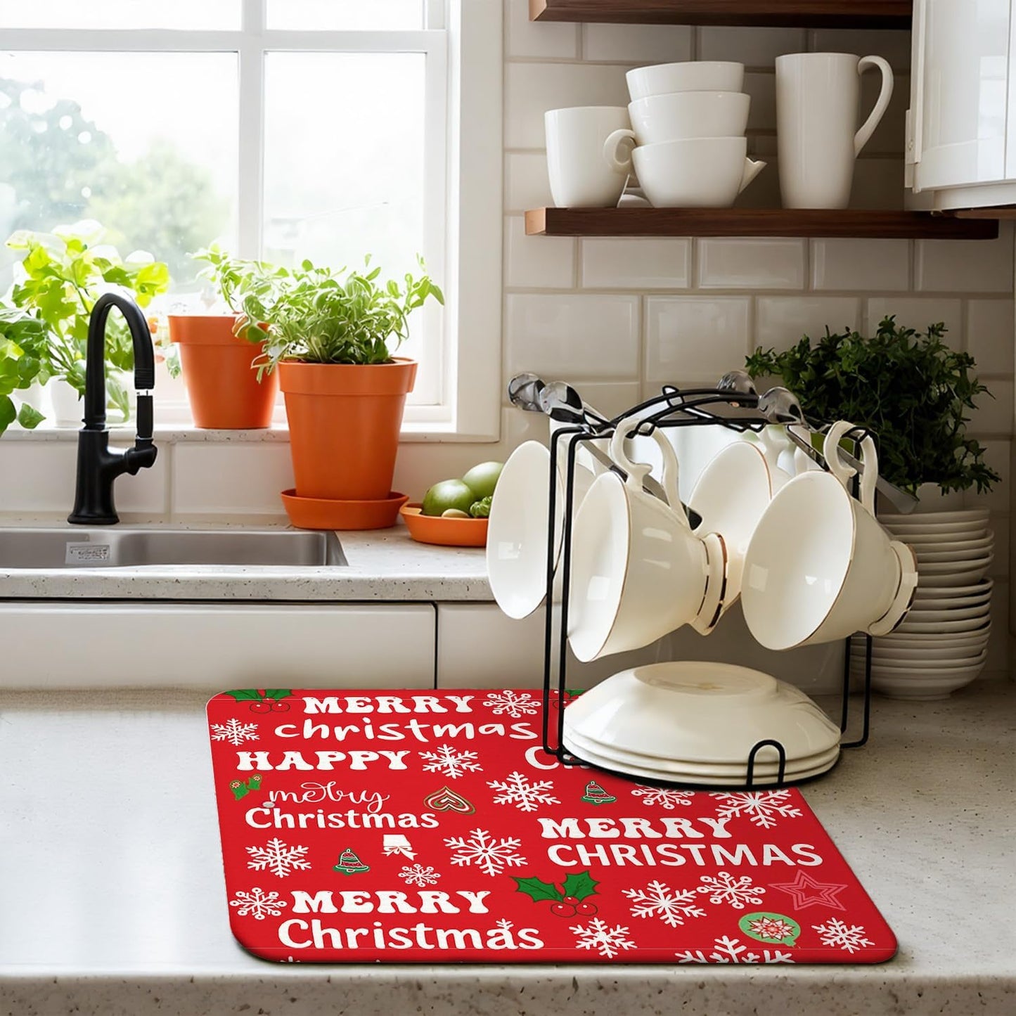 Red Christmas Drying Mat for Kitchen Counter 18" X 24" Christmas Dish Drying Mat for Kitchen Decor Red Xmas Drying Mats For Home Counter Drying Mats For Dishes Dish Mat Drying Mat