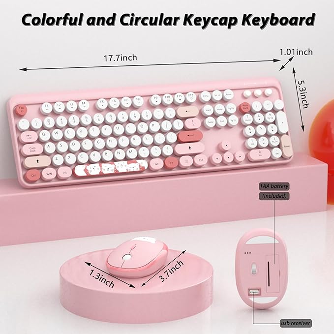 Wireless Keyboard,KOOTOP Cute Colorful 104 Keys Typewriter Retro Round Keycaps Keyboard for PC Laptop,Desktop,Windows, Home and Office Keyboards(Pink)