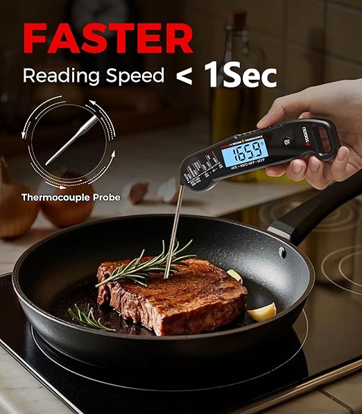 Professional Food & Meat Thermometer, 1 Sec Instant Read & ±0.5℉ Accuracy Driven by Thermocouple Sensor. IP67 Waterproof Digital Thermometer for Cooking, BBQ, Grill Gifts for Men Him Dad Birthday