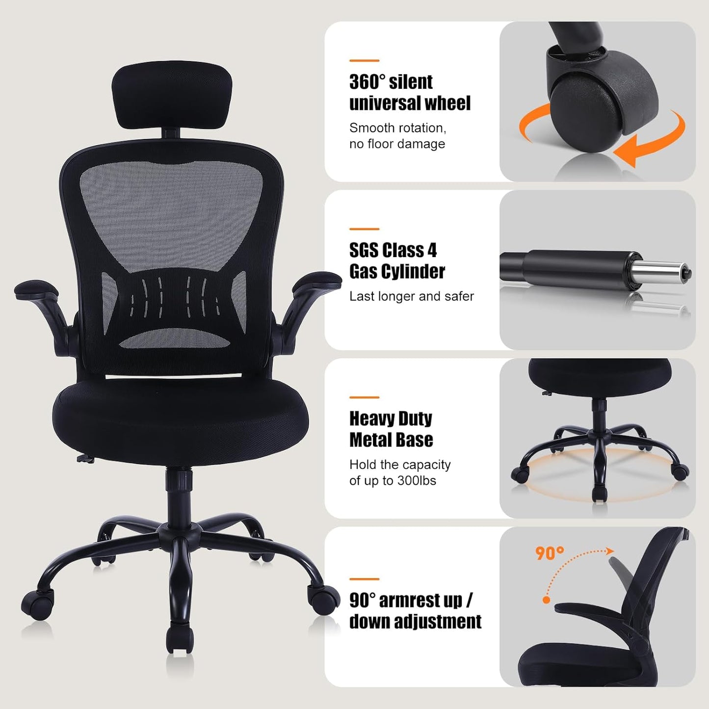 ralex-chair Ergonomic Office Chair with Adjustable Headrest & Lumbar Support, Desk Chair with Flip-Up Armrests, Comfortable for Home, Office, Conference Room