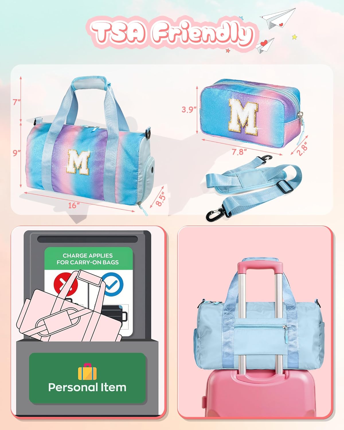 Kindergarten Gift Ideas-Girl Gym Bag with Shoe Compartment, Kid Personalized Weekender Overnight Bags, Initial Travel Tote with Makeup Pouch, Niece Girls Birthday Gift (Letter L)