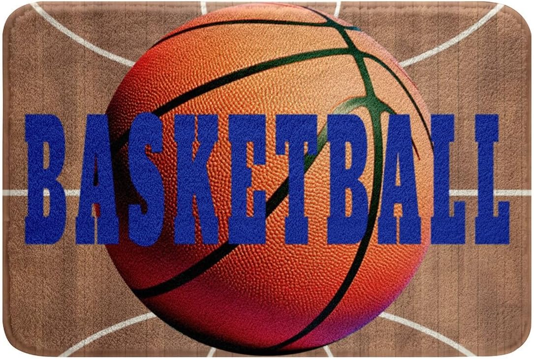 Feelyou Basketball Polyester Bath Rug Basketball Court Print Soft Fleece Door Carpet for Kids Boys Girls Orange Basketball Non Slip Bath Mat Ball Game Bathroom Floor Indoor Doormat,20x32 Inch