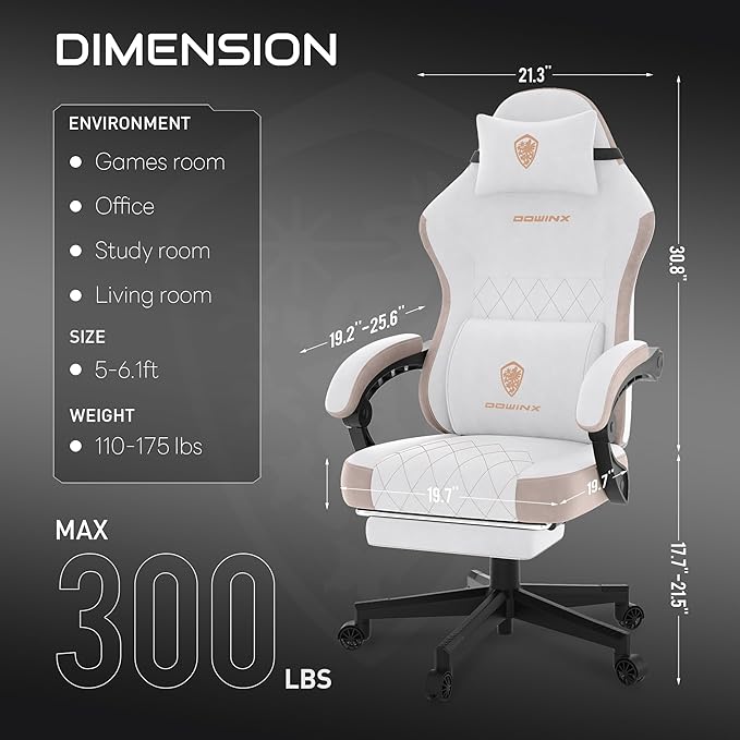 Dowinx Gaming Chair, Fabric Gaming Chairs for Adults with Pocket Spring Cushions and Lumbar Support, Ergonomic Massage Computer Chair with Footrest for Big and Tall, Beige