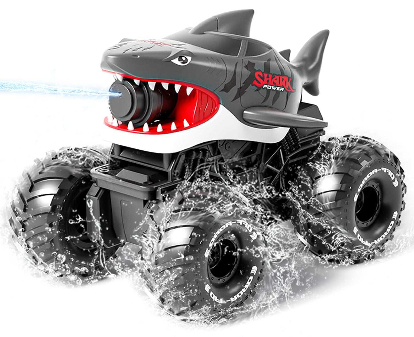 Gesture Sensing Amphibious Remote Control Gray Shark Monster Truck with Water Squirt 4WD 1:16 RC Car All-Terrain Waterproof RC Tank Pool Toy Outdoor Summer Gifts for Kids Age 6+（2 Replaceable battery)
