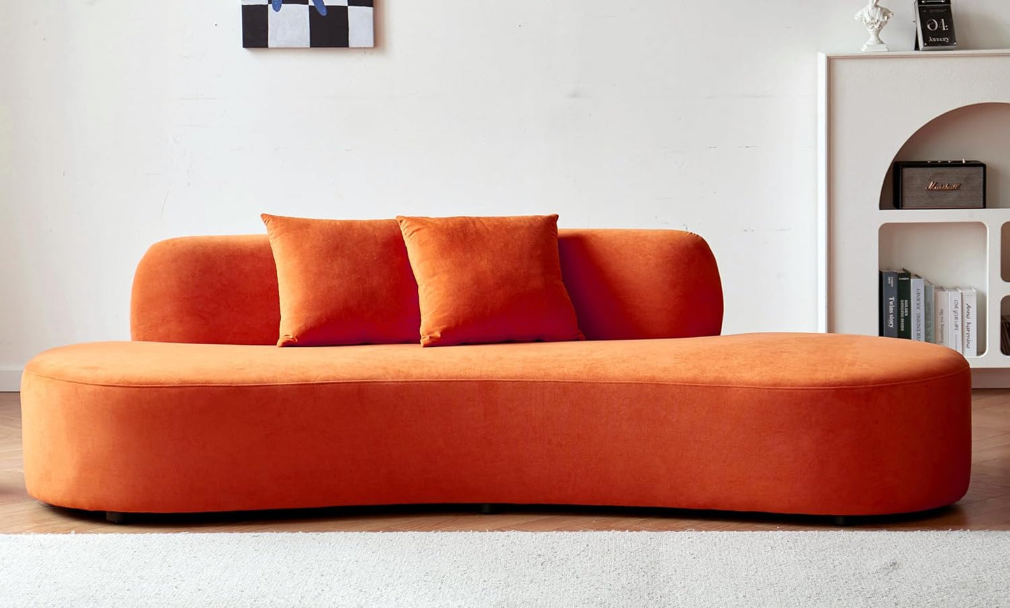 Container Furniture Direct 90" Curved Sofa with Throw Pillows, 4 Seater Luxury Velvet Couch with Half Moon Design and High-Density Foam, Ideal for Modern Living Room, Office & Apartment, Red Orange