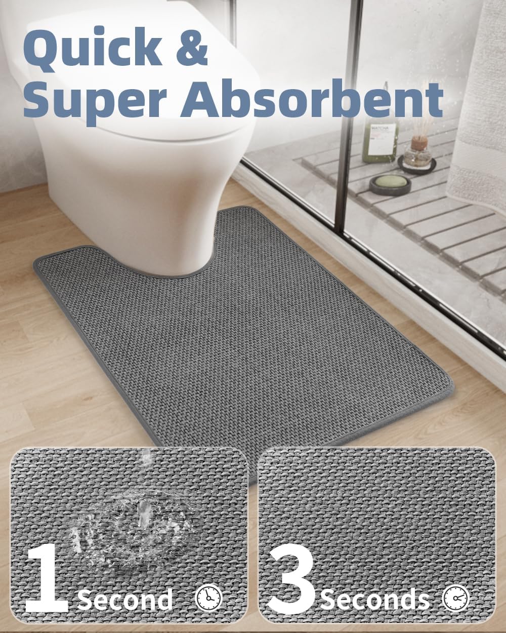 PADOOR Braided U Shaped Toilet Rug, 20x24 Grey, Super Absorbent, Non Slip, Machine Washable, Bathroom Floor Mat