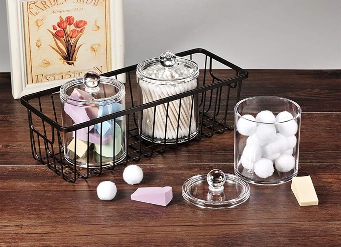 SheeChung 4 Pack. Plastic Acrylic Bathroom Vanity Countertop Canister Jars with Storage Lid, Apothecary Jars Qtip Holder Makeup Organizer for Cotton Balls,Swabs,Pads,Bath Salts (Clear, 12oz&10oz)