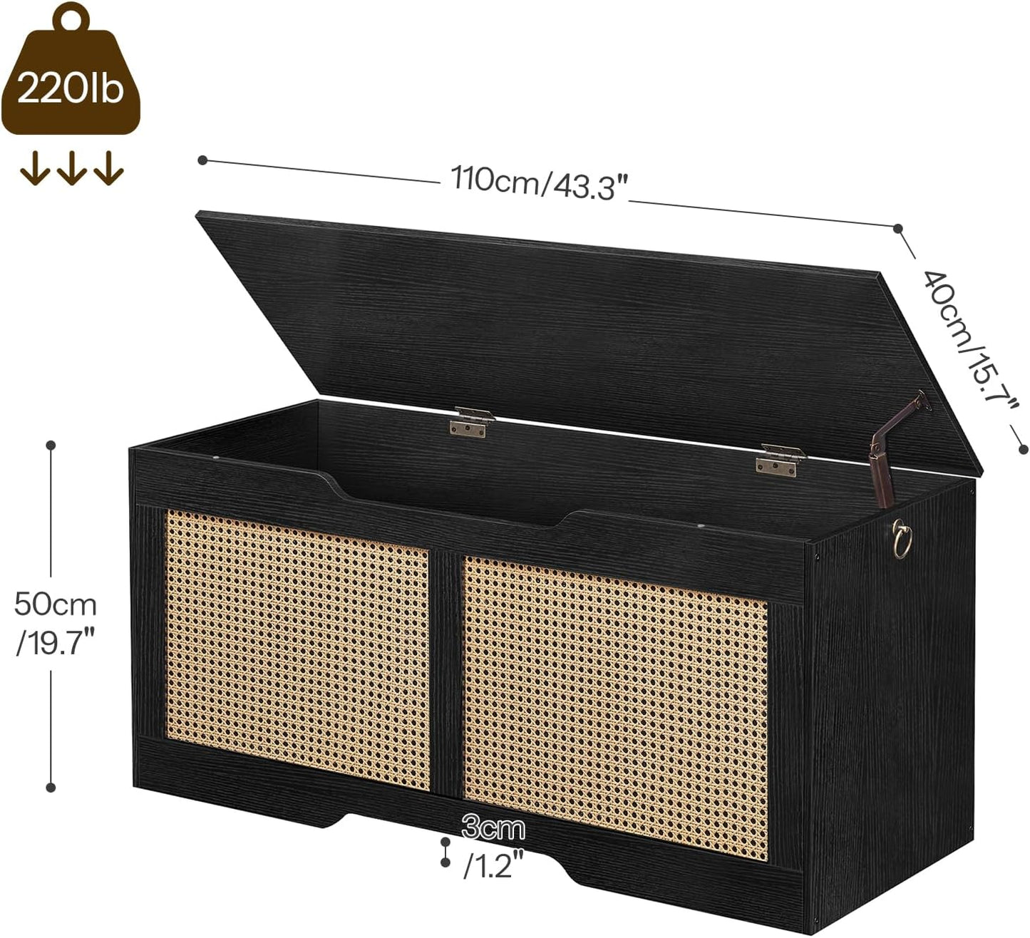 HOOBRO Storage Bench, 43.3" Toy Box, Rattan-Like Storage Chest, Sturdy Entryway Bench Supports 220 lb, Toy Chest, Safety Hinge, U-Shaped Opening, Easy Assembly, Black BB22CW01