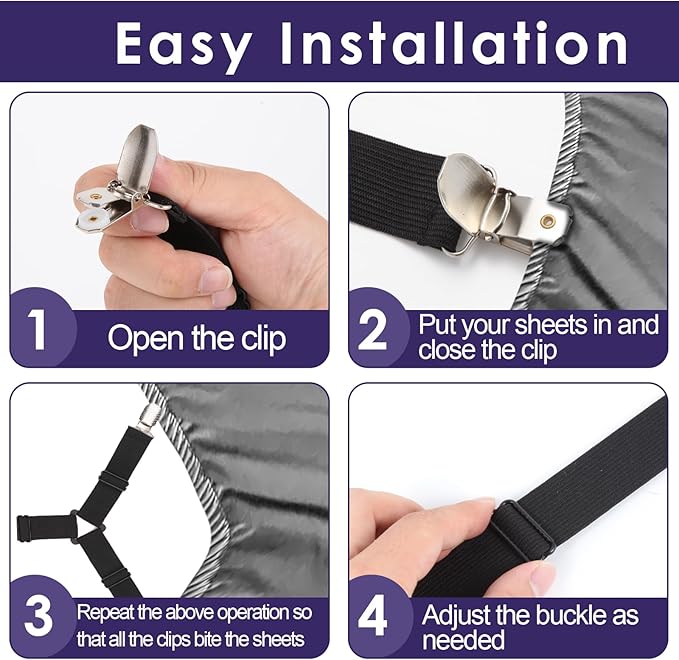 Bed Sheet Straps,6 PCS Secure and Fitted Sheet Straps for Full Size Bed,Adjustable Sheet Clips Elastic Fasteners Holders for Corners,Enhance Your Sleeping Experience(Black)