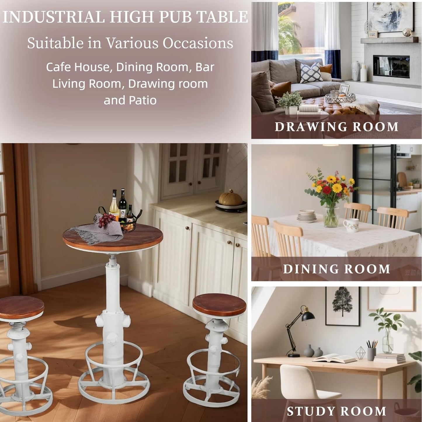 Vintage Pub Table 38.6-44.5inch Height Adjustable Industrial High Bar Table in Home Kitchen Farmhouse Cafe Table for 2-3 People Swivel Wooden Top