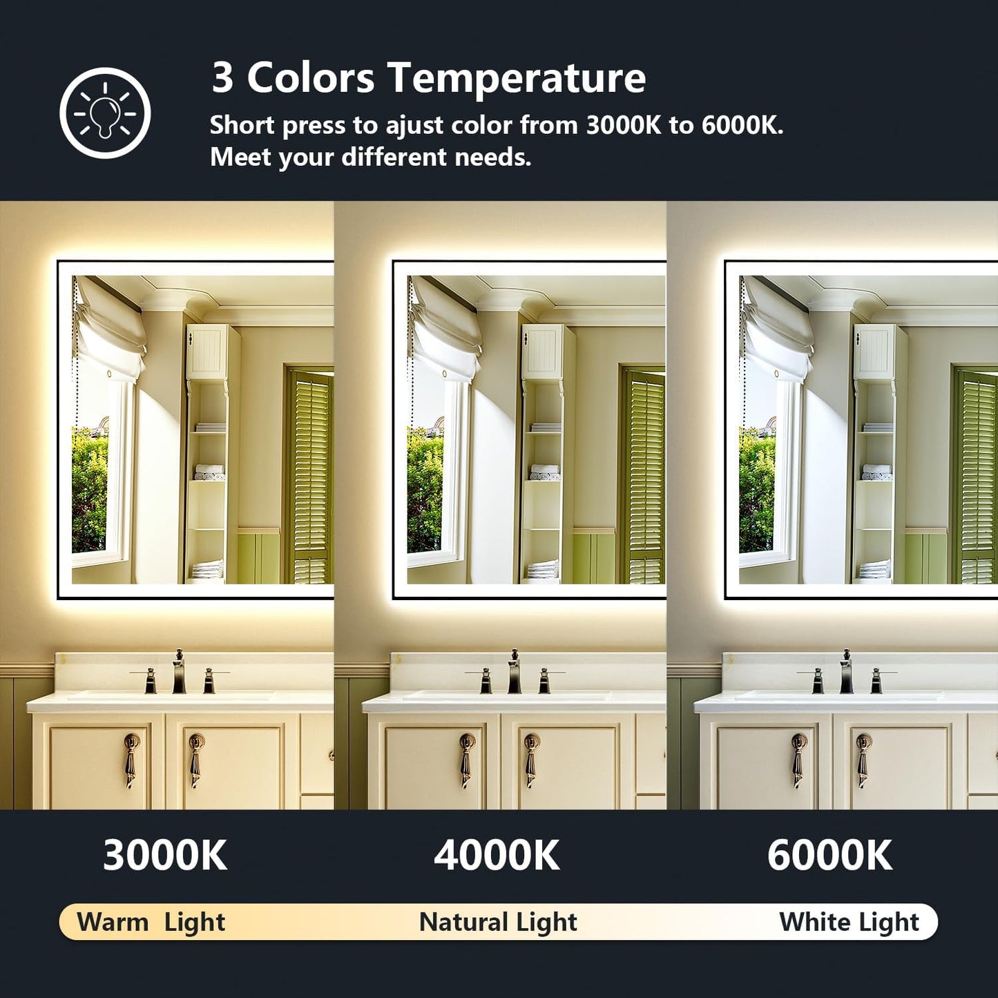 96x36 Inch LED Bathroom Mirror with Lights (Front Lit and Backlit) Black Framed Lighted Vanity Mirror for Bathroom Wall Dimmable Anti-Fog Memory Tempered Glass Horizontal/Vertical