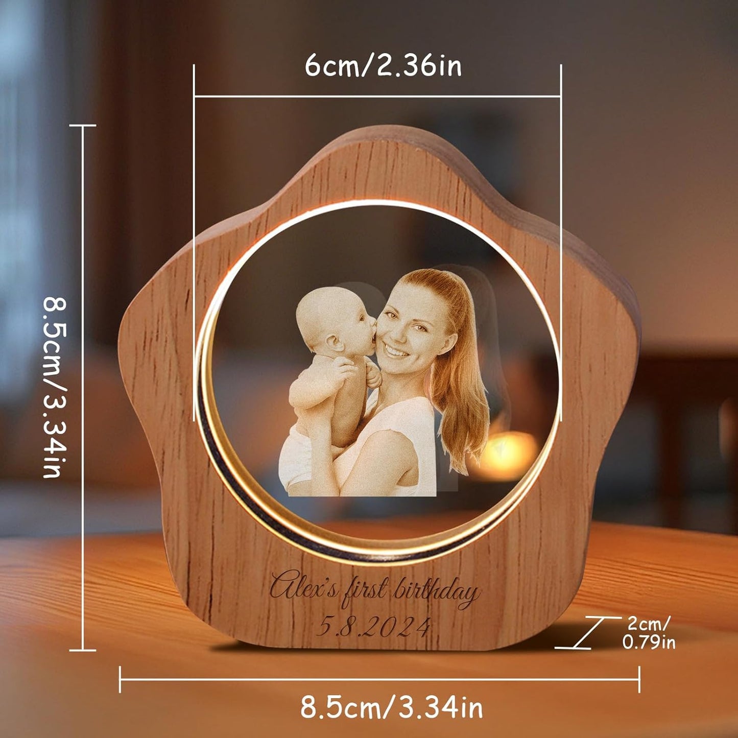 Custom 3D Crystal Photo Night Light – Personalized Glass Photo Ball with Customized 3D Picture Engraving, LED Light Wood Base, Unique Custom Gifts for Family, Pets, Birthday，Valentine's Day (Style 5)